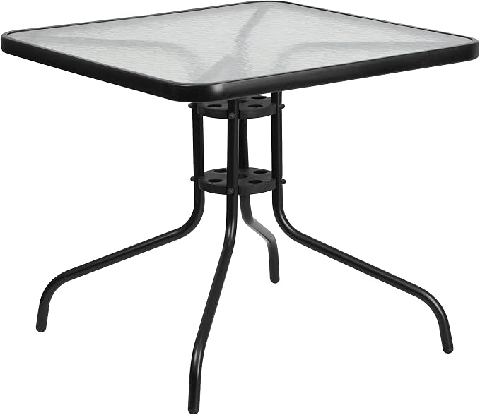 Flash Furniture Brazos Series 5-Piece Glass Patio Table and Chairs Set, Outdoor Patio Dining Set with Square Table and 4 Sling Patio Chairs, Black