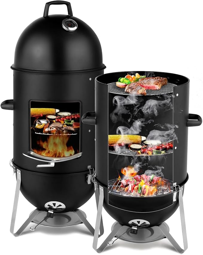 VINGLI 4-Tier 3-in-1 Vertical Charcoal Grill, 18.8 Charcoal Smoker with Built-in Thermometer, Air Vent and Access Doors, Perfect for Outdoor Cookings, Camping, Picnics, BBQs, and Tailgating Parties