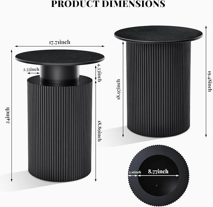 Round Side Table, 24" Fluted End Table with Storage, Mid Century Nightstand Modern Wood Bedside Accent Table, Farmhouse Circle End Tables for Home, Small Spaces, Bedroom, Living Room (Black) | Fluted End Table, Hidden Storage, Detachable Tray, Mid Cent...