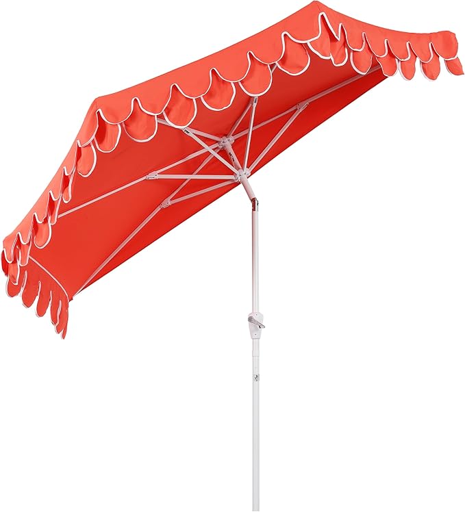 JONATHAN Y Terrace Scalloped 9 ft. Half Round Patio Umbrella with Crank Lift and Tilt, Coastal Semicircle Market Wall Umbrella for Balcony, Coral Red/White, White Pole UMB1202F