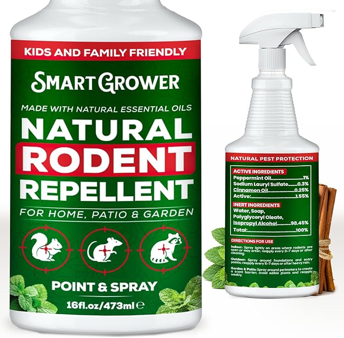 Peppermint Oil Spray for Rodents – Maximum Strength Ready to Use Peppermint Spray for Rodent, Mice, Squirrels – Indoor, Outdoor & Car Engine Protection – 16 oz