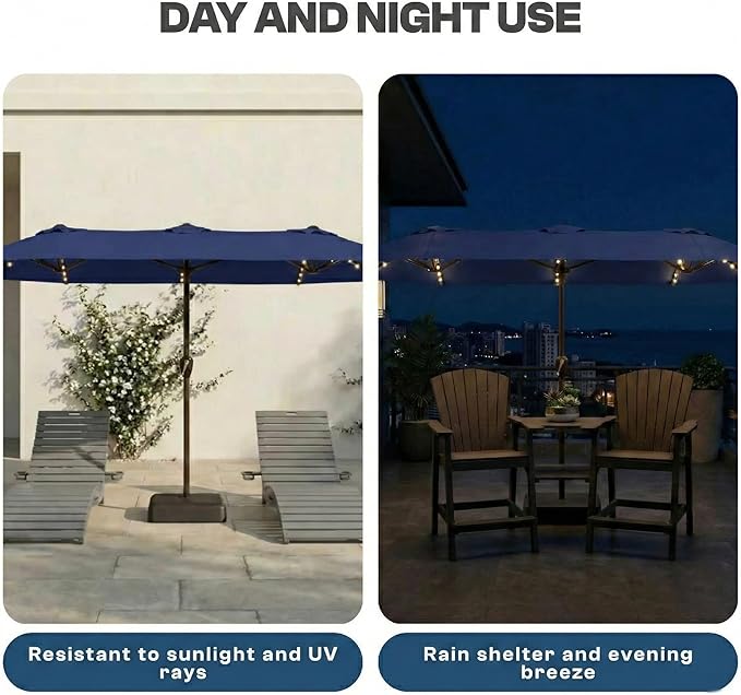 15FT Patio Umbrella with Solar Lights, Double-Sided Extra Large Outdoor Table Umbrella with Base Included, Heavy-Duty 12 Iron Ribs Market Umbrella for Garden, Pool, Backyard, Navy Blue