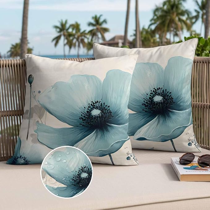 Blue Flowers Butterfly Outdoor Waterproof Throw Pillow Covers Set of 2, 20"x20", Watercolor Retro Leaf Pastoral Style Decorative Pillow Covers Outside Cushion Case for Patio Porch Garden