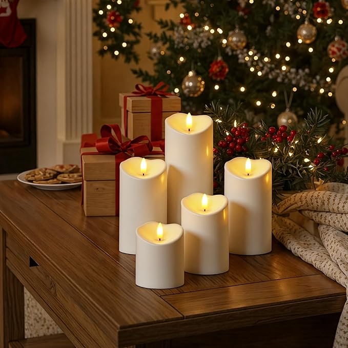 Raycare 3"x4"5" 6" 8" 8" Outdoor Waterproof Flameless Candles, Battery Operated LED Candles with Remote Control and Timer, Electric Fake Plastic Pillar Candles, Ivory White, Set of 5