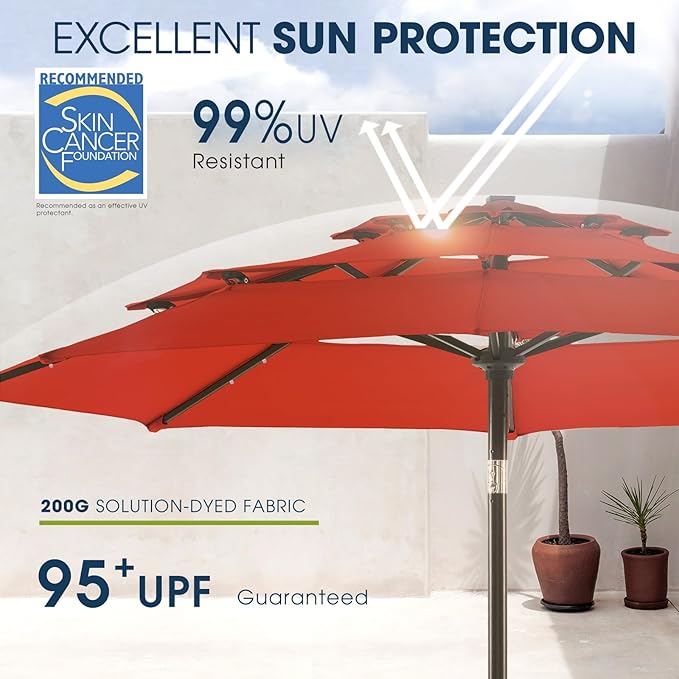wikiwiki 9FT 3Tiers Solar Led Patio Umbrella, Sturdy Outdoor Market Umbrella for Deck, Pool, Garden w/Tilt, Crank, 32 LED Lights, Red