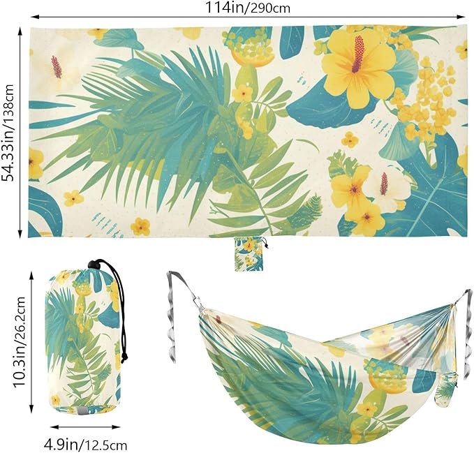 Tropical Style Yellow Flowers Green Leaves Outdoor Hammock with Tree Straps Hanging Hammock for Indoor Outdoor Patio