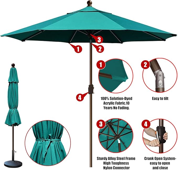 EliteShade USA 10-Year-Non-Fading 10Ft Market Patio Umbrella, UPF 50+ UV Protection Performance Sun Umbrella, Heavy Duty Commercial Grade Outdoor Table Umbrella with Crank & Tilt, Windproof Vented Top for Garden, Pool, Deck and Outdoor Playsets, Teal