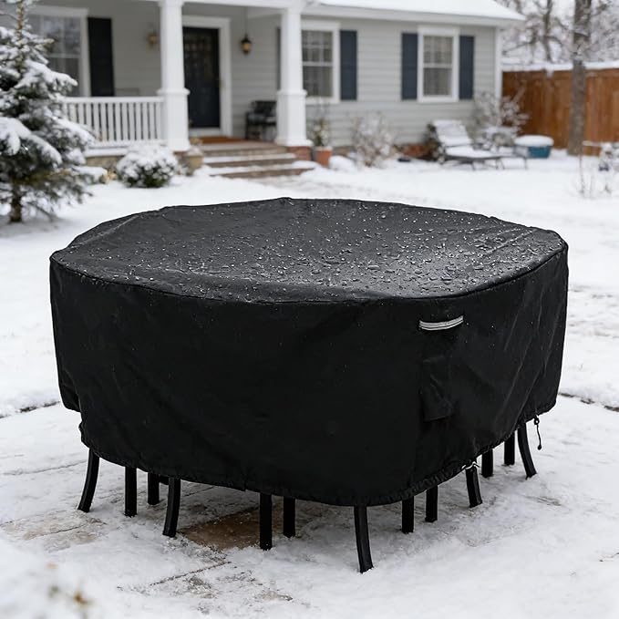 RosieLily Round Patio Furniture Covers Waterproof, Round Covers for Outdoor Table Chair Set, 600D Heavy Duty No Fading UV Resistant Cover for Outdoor Dining Table Chairs, 70" D x 23.6" H-Black