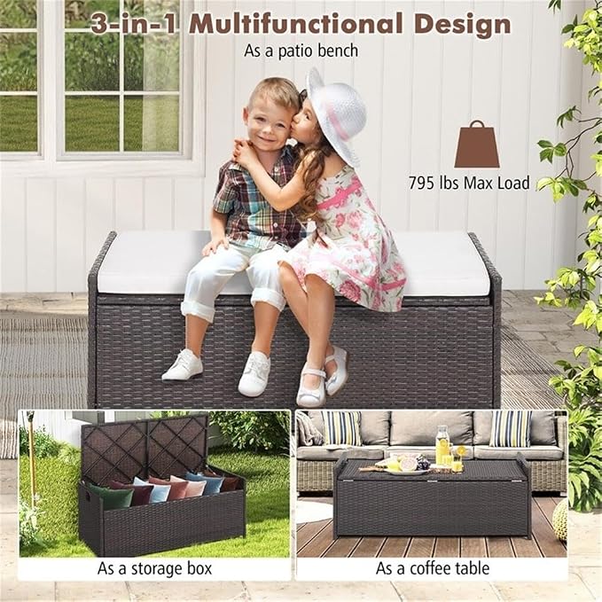 Pemberly Row 34 Gallon Patio Wicker Storage Deck Box, Hand-Woven PE Rattan Finish, Off Brown Color, Water-Resistant Lining, Gas Strut Lid, Cushion Seating, Multi-Functional for Outdoor Use