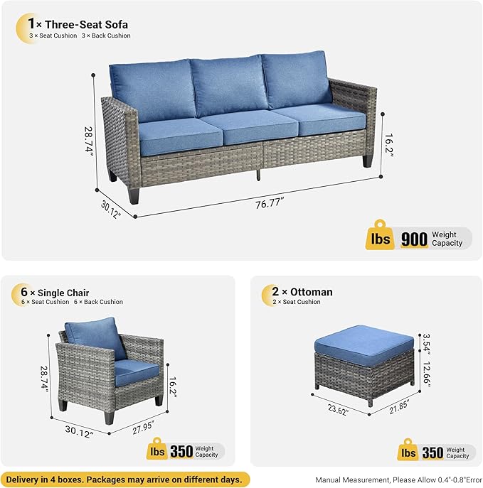 ovios Patio Furniture Set, 9 Pieces Outdoor Wicker Sofa Couch with 6 Chairs, Ottomans and Comfy Cushions, All Weather High Back Rattan Conversation Set, Denim Blue