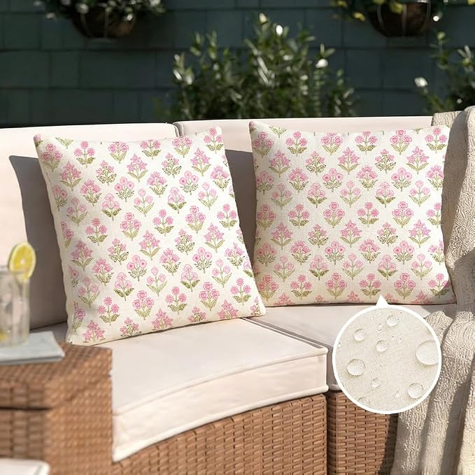 RABUSOFA Pink Vintage Floral Summer Pillow Covers Set of 2,Seasonal Flower Oudtdoor Decorative Throw Cuchion Cases Spring Summer Decorations for Home Patio Couch Decor 20x20 Inch