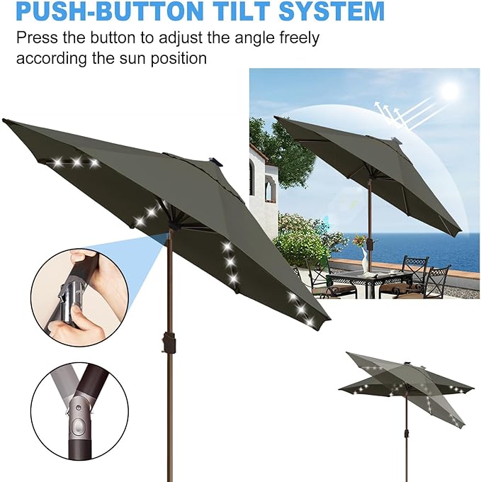 Eurmax USA 10-Year-Non-Fading 10FT Outdoor Patio Market Umbrella with LED Lights,UPF50+ UV Resistant,Heavy Duty Commercial Grade,Crank Lift&Tilt,Windproof Vented Top for Garden,Pool,Deck,Charcoal