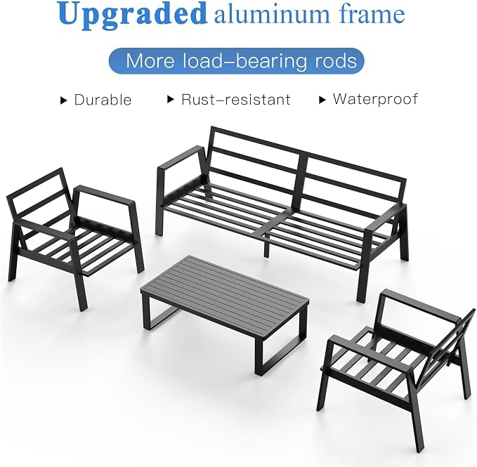 Aluminum Outdoor Patio Furniture Set, 4 Piece Sectional Coversation Sets with Coffee Table, Modern Outdoor Sofa Couch with Thick Cushions for Porch, Balcony, Garden, Light Grey