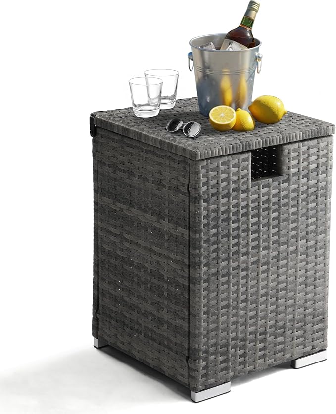 22.4in Outdoor Rattan Side Tables,Iron Frame Gas Bottle Storage Bin,Waterproof Patio Coffee Side Tables,All-Weather PE Wicker End Table,with Lid,for Garden Porch Poolside Deck Backyard (Gray)