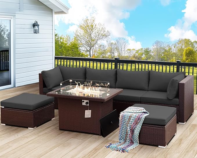 NICESOUL Extra Large Size Patio Furniture Set with Firepit Natural Gas/Propane, 6 Seater Modern Luxury Outdoor Sofa Set, 29.3'' High Backrest Backyard Sitting, Brown Rattan and Dark Grey Cushion