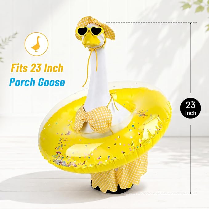 Porch Goose Outfit, Summer Yellow Bikini Set for 23 Inch Porch Goose with Pool Float, Hat and Sunglasses, Yard Porch Decor