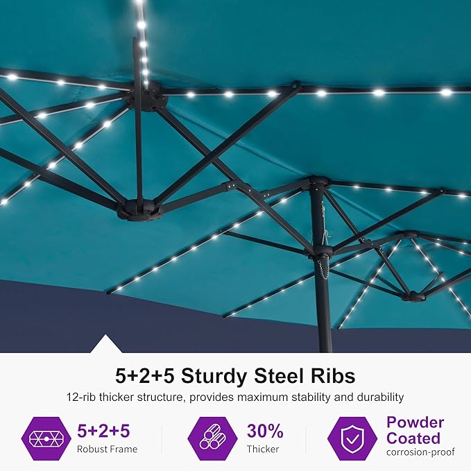 PURPLE LEAF 13ft Double-Sided Patio Umbrella with Solar Lights Outdoor Market Umbrella with Base and Crank Handle Table Umbrella for Backyard Pool Garden Deck, Turquoise