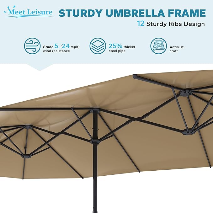 12.5ft Outdoor Patio Umbrella, Double-sided Pool Umbrella with Crank Handle, Large Umbrella for Garden, Backyard (Tan)