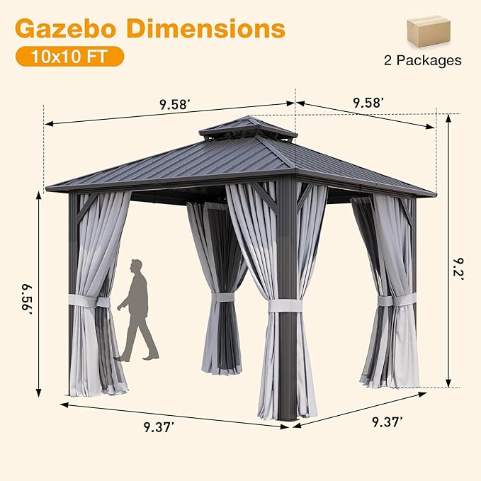 10x10FT Hardtop Gazebo, Metal Frame with Double Galvanized Steel Roof, Permanent Outdoor Pergola with Curtains and Netting Included for Backyard, Patio, Lawn and Garden, Gray