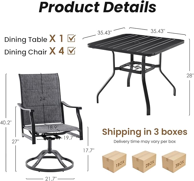 Soohow Patio Dining Set for 4, 5-Piece Outdoor Table and Chairs Set, 4 x Swivel Outdoor Dining Chairs with Paded Textilene and 35"x35" Patio Table with 1.57" Umbrella Hole for Poolside, Backyard