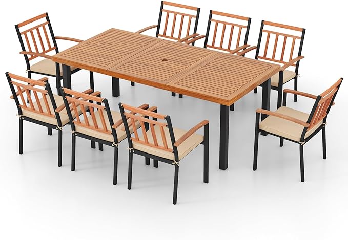 Tangkula 9 Pieces Patio Dining Set, Outdoor Acacia Wood Table and Chairs with Soft Cushions and 1.9” Umbrella Hole, Outdoor Patio Furniture Set for Garden, Deck and Backyard