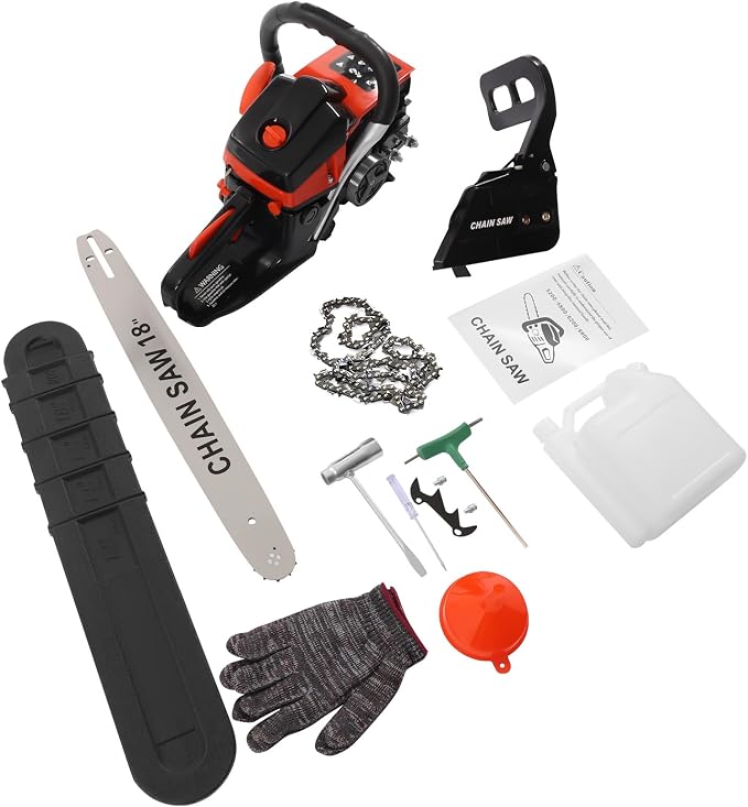 18Inch Gas Chainsaw, 2-Stroke 4.4HP Engine Handheld Gas Power Chain Saw with Air-cooled, Pull Start Petrol Saws Set for Wood Cutting, Garden Pruning, Forest Logging, 10500RPM