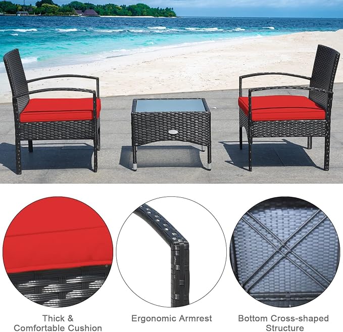 Tangkula 3 Pieces Patio Wicker Rattan Furniture Set, Rattan Chair with Coffee Table, High Load Bearing Chair Conversation Sets for Patio Garden Lawn Backyard Pool