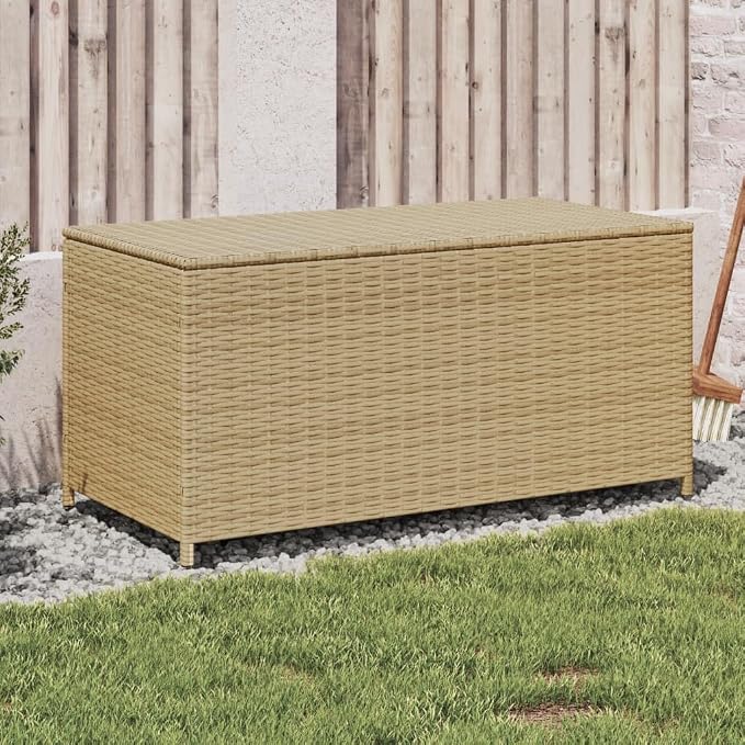 Poly Rattan Outdoor Storage Deck Box, Wicker Patio Storage Organizer for Patio Furniture Cushions, Garden Tools, 39.4"x19.7"x19.7", Mix Beige,-887