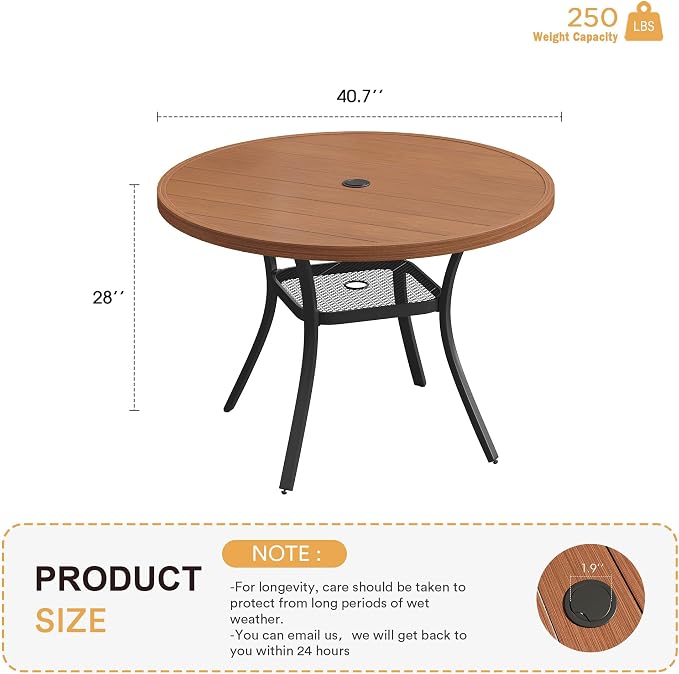VICLLAX Metal Outdoor Dining Table for 4, All Weather 40.7" Black Round Patio Table with Adjustable Umbrella Hole for Lawn, Garden, Balcony and Poolsides, Walnut Wood Grain Tabletop
