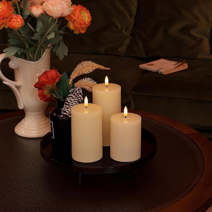 Flickering Flameless Candles with Remote, Real Wax Battery Operated Candles with Timer, 3D Wick Ivory Striped Fake LED Candles for Christmas Home Wedding Party, Gifts for Mom, Set of 3