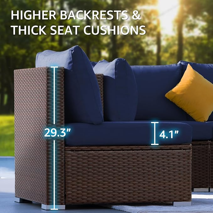 NICESOUL 15 Piece Outdoor Sectional with Fire Pit Table, Modern Luxury Patio Deep Seating w/Firepit, 29.3'' High-Back Wicker Couch Thick, Big High-Weight Capacity Sofa for Garden, Yard, Brown & Blue