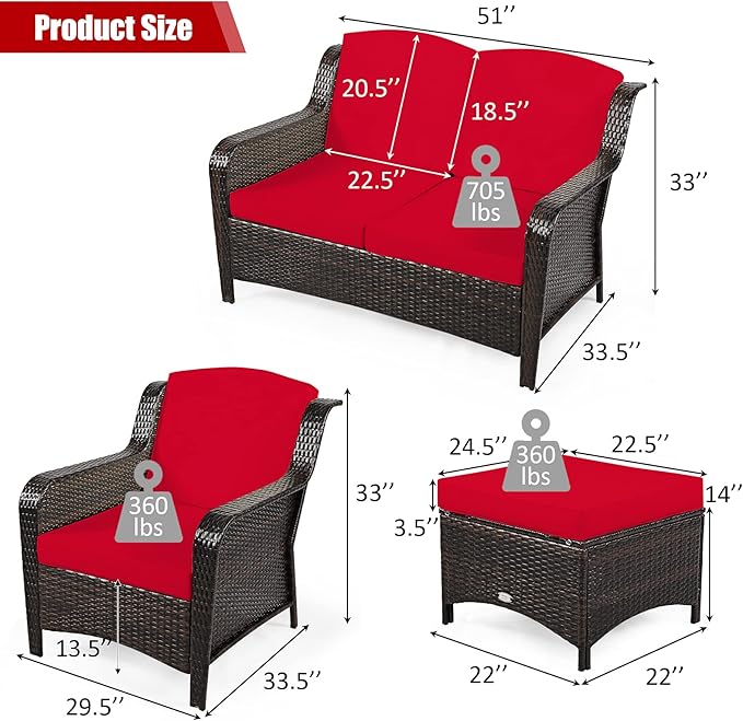 Tangkula 5 Pieces Patio Furniture Set, Outdoor Rattan Conversation Sofa Set with Loveseat, Single Sofas and Ottoman, Sectional Sofa Set with Removable Cushions for Porch, Backyard, Balcony, Lawn