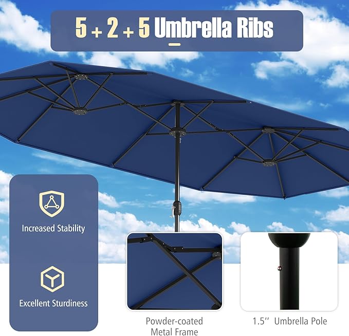 Tangkula 13FT Double-sided Patio Umbrella, Extra Large Twin Table Umbrella with Crank Handle, Umbrella Base, Safety Lock, Air Vent, Outdoor Market Umbrella for Garden Pool Backyard (Navy)