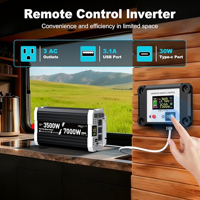 3500 watt Pure sine Wave Inverter, 24V DC to 110V AC Power Inverter, with 3 AC Output sockets, USB Port, Type-C Port, Remote Control with LCD Screen, Used for Solar Emergency Power Supply in RV Homes