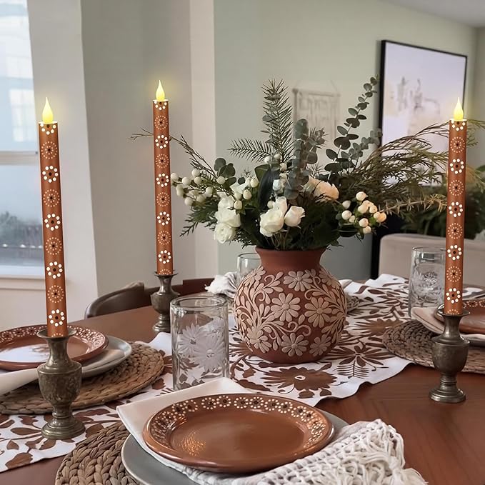 Honoson 6 Pcs Cielito Lindo Party Decorations Mexican Flameless Taper Candle 10.6 Inch Terracotta LED Candles Battery Operated Candlestick for Mexican Barro Home Cinco De Mayo Party Table Decor Gift