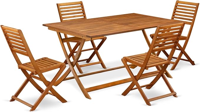 East West Furniture AEBS5CWNA 5 Piece Outdoor Patio Dining Sets Includes a Rectangle Acacia Wood Table and 4 Folding Side Chairs, 36x60 Inch, Natural Oil