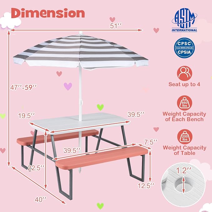 KOTEK Kids Picnic Table with Umbrella, Toddler Outdoor Table and Bench Set, Easy to Clean, HDPE Top & Metal Frame, 660LBS Capacity, Kids Patio Furniture for Backyard Park Garden