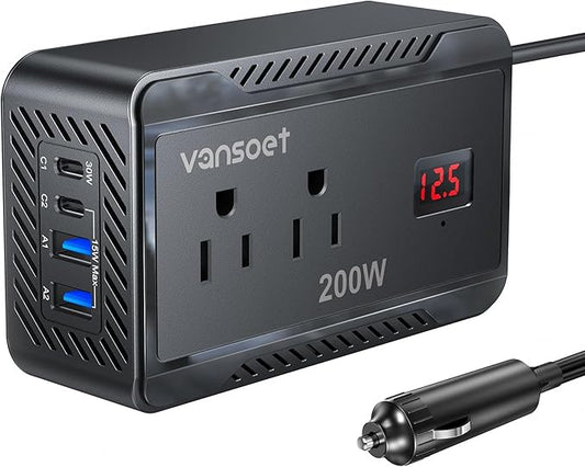 200W Car Power Inverter DC 12V to 110V AC Converter with [PD 30W & 15W] Fast Charging USB C/3.0A Dual USB Charging Ports, Car Outlet Adapter for Phone, Laptop on Road Trip (Black)