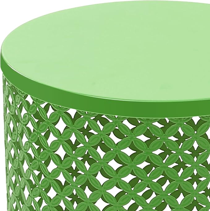Side Table Set of 2, Iron Side Table 14.6x19.3In & 12.6x16.5In, Metal Accent Table with Openwork Flower Pattern, Cylindrical Freestanding Outdoor End Table for Patio Garden Living Room (Green)