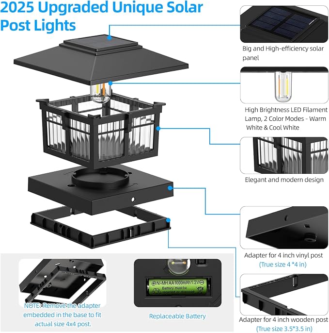 4x4 Solar Post Cap Lights, Classic Black, 8 Pack, Warm & Cool White | Fits 4x4 Wooden and Vinyl Posts,Fence Deck Post Lights,Edison-style bulb