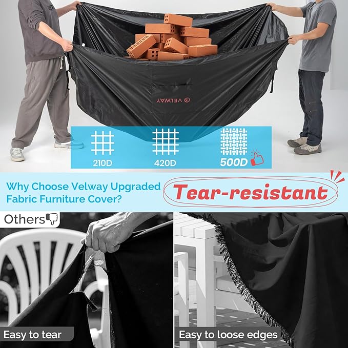 Velway Patio Furniture Cover Waterproof - Heavy-Duty 500D Upgraded Tear-resistant Outdoor Table Chair Set Cover with Windproof Buckles&Large Air Vent Anti-UV Rectangle Furniture Covers 74"x47"x28"