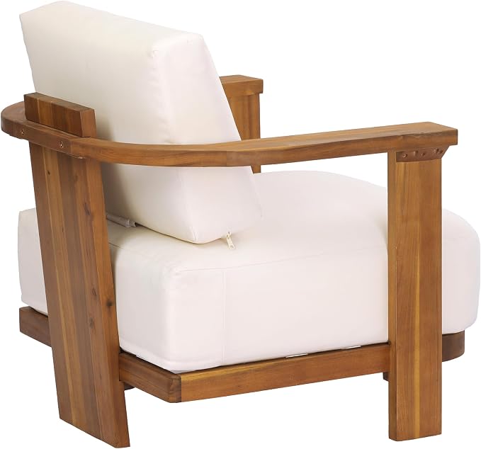 Christopher Knight Home Stella Acacia Wood 4 Piece Patio Furniture Set, Wooden Patio Conversation Set with Club Chair+Coffee Table, 4-Seater Outdoor Loveseat Sofa + Armchair and Table Set, Teak+Beige