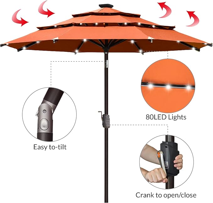 EliteShade USA 10-Year-Non-Fading 9ft 3-Tier Market Patio Umbrella, Commercial Table Umbrella with 80 Solar LED Lights, Crank Open, Windproof & UPF 50+ UV Protection for Garden, Deck, Pool, Backyard, Rust