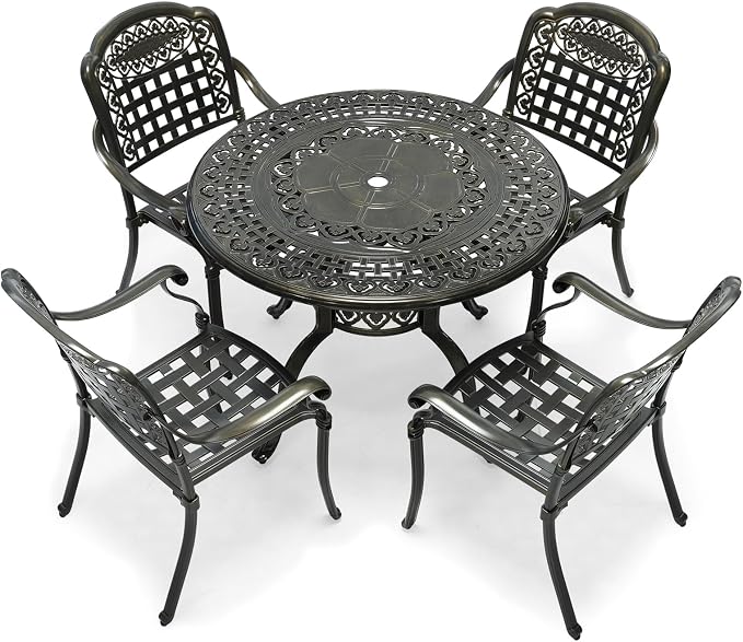 VIVIJASON 5-Piece Outdoor Patio Furniture Dining Set, All-Weather Cast Aluminum Conversation Set, Include 4 Chairs and 38.5" Round Table w/Umbrella Hole for Balcony, Lawn, Garden, Backyard