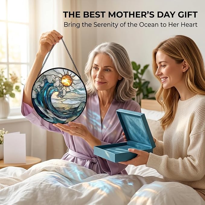 Birthday Gifts for Women - Sunrise Ocean Waves Faux Stained Glass Window Hanging Sun Catcher Mother's Day for Mom Nana Friend Grandma Wife and Door Garden Acrylic Home Decor 7.8"