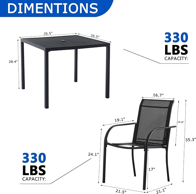 5-Piece Outdoor Dining Set, 35.5" Square Metal Patio Table with Black Chairs, Black Table with Umbrella Hole for Garden, Yard, Patio