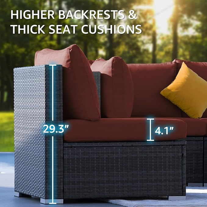 NICESOUL 13 Piece Outdoor Sectional w/Fire Pit Table, Luxury Modular Patio Furniture Set w/Chaise Lounge, Plus 29.3'' High-Back Seating Sofa, All-Weather Deck Couch for Poolside, Yard, Grey & Red
