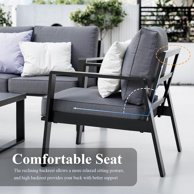 Aluminum Outdoor Patio Furniture Set, 4 Piece Sectional Coversation Sets with Coffee Table, Modern Outdoor Sofa Couch with Thick Cushions for Porch, Balcony, Garden, Dark Gray