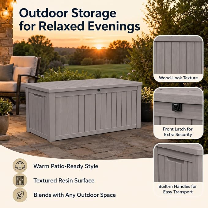 Outdoor Deck Patio Storage Box - 170 Gallon Large Outdoor Deck Box, Plastic Storage Bin with Lid, Outside Toy Box & Pool Storage Container for Cushions, Garden Tools, Towel, Brown