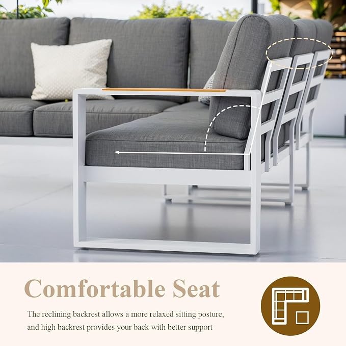 Patio Furniture Set, Aluminum Outdoor Couch L Shaped Patio Sofa Set, All-Weather Modern Patio Couch Sofa and Teak Desktop Aluminum Table for Patio, Porch, Backyard (White Frame/Dark Grey Cushion)